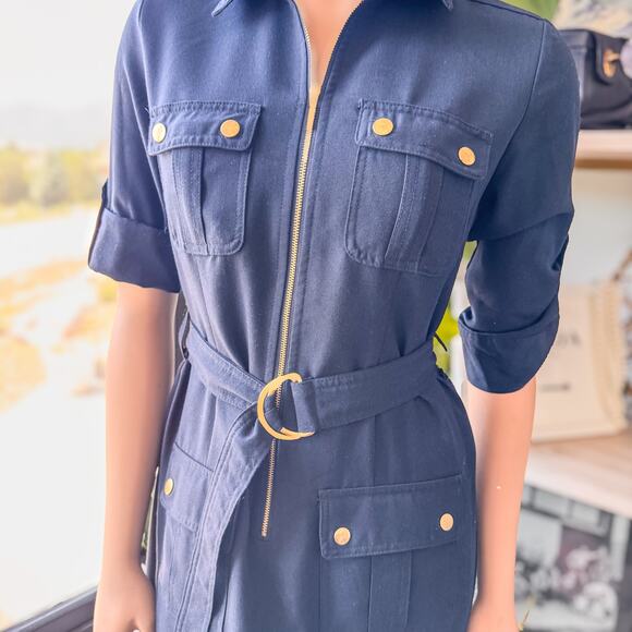 Sharagano Women's Navy Blue w/ Gold Accents Belted Collared Shirt Dress, Size: 4 - Picture 9 of 10